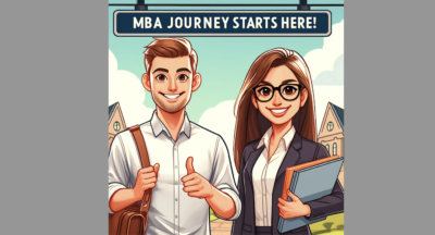 Cartoon illustration of two enthusiastic MBA applicants embarking on their journey, with a white male holding a laptop and giving a thumbs-up, and a South Asian woman holding a folder full of documents, both standing in front of a 'MBA Journey Starts Here!' sign with a university campus in the background